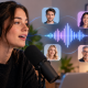 A woman with a bun speaking into a microphone, using an AI tool that generates realistic voices.
