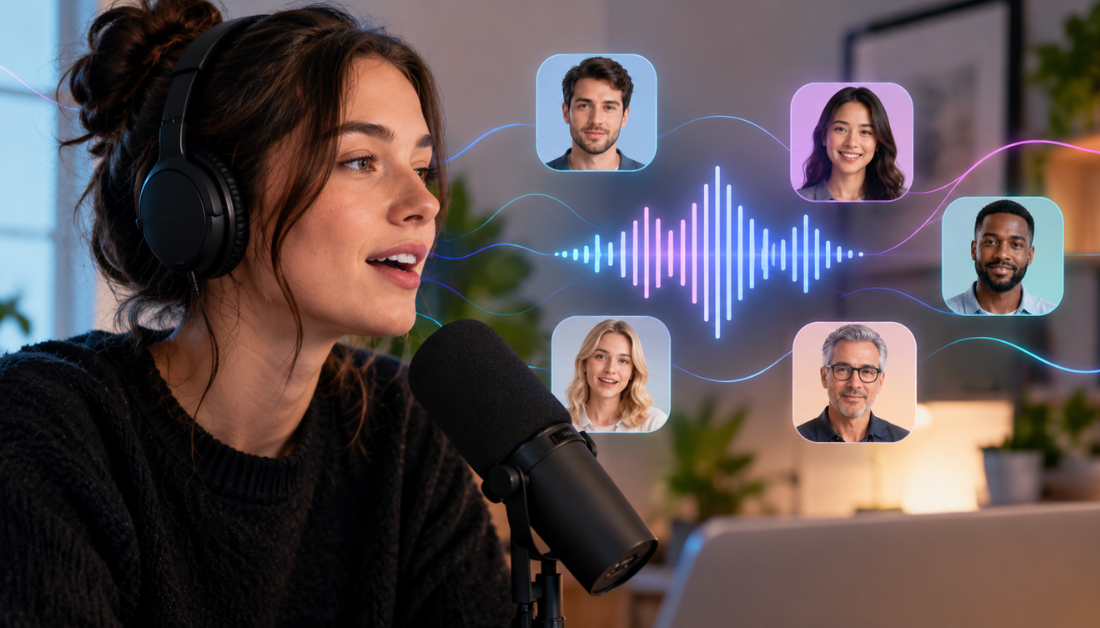 A woman with a bun speaking into a microphone, using an AI tool that generates realistic voices.