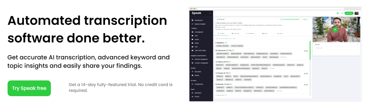 Speak AI Automated transcription software landing page. 