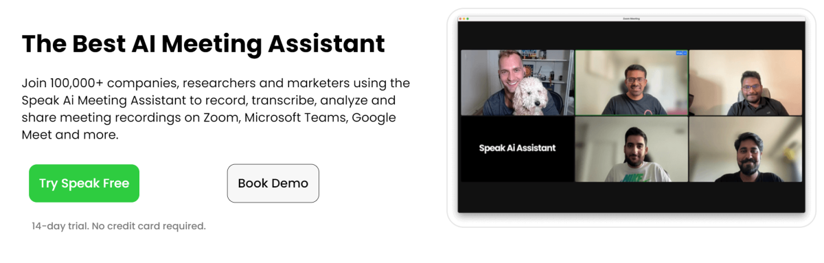 Speak AI Meeting Assistant landing page.