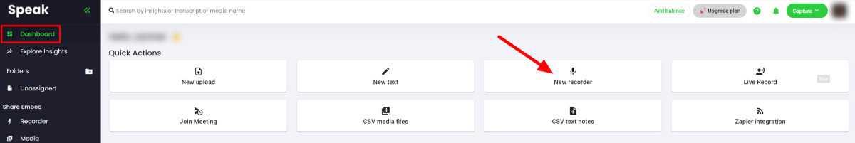 Selecting New recorder from the Speak AI dashboard.