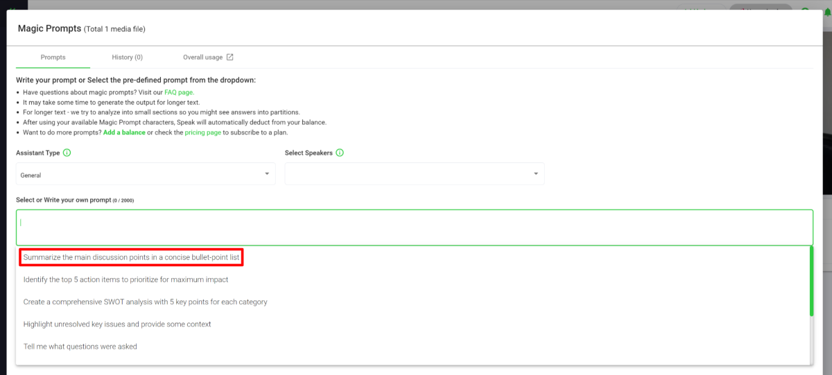 Selecting the pre-written AI prompt to summarize the main discussion points of the transcript using Speak Magic Prompts.