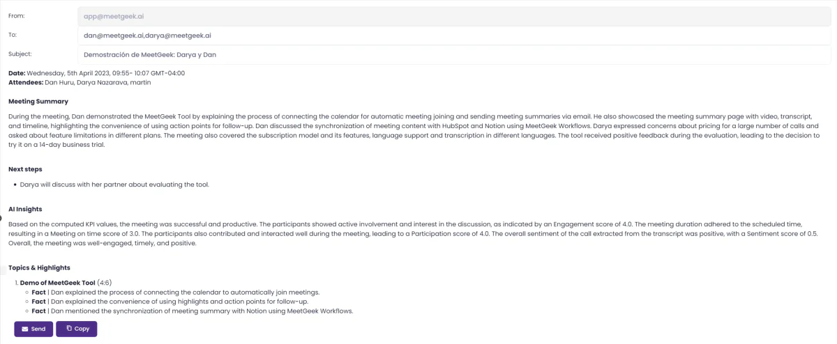 مثال ملخص من MeetGeek في قالب بريد إلكتروني.