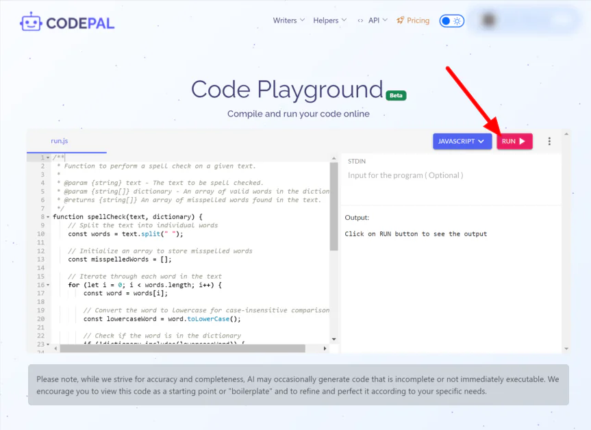 Sélection de Exécuter sur Code Playground de CodePal.