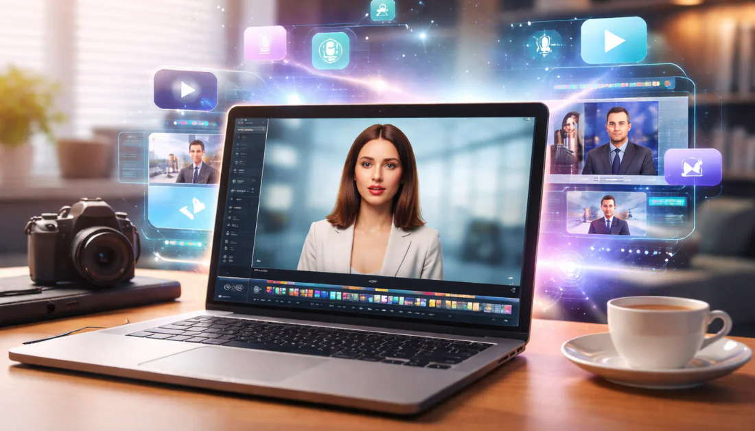 Generating AI avatar videos with an AI video generator on a laptop.