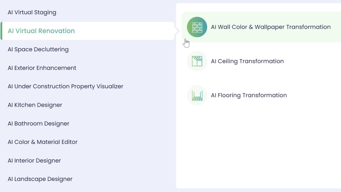 A list of AI tools Reimagine Home AI offers for you easili reimagine your space with AI