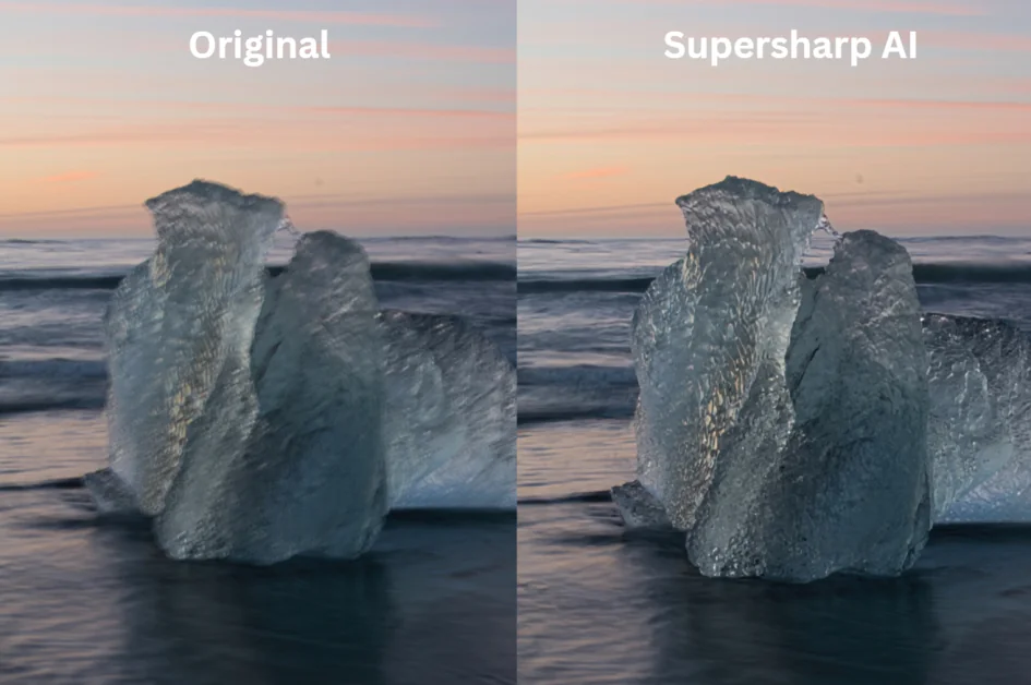 Vorher- und Nachher-Fotos eines Eisbergs nach der Verwendung von Supersharp AI in Skylum Luminar Neo.