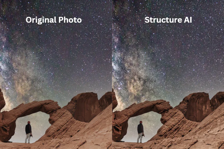 Foto prima e dopo di un uomo su un paesaggio roccioso che osserva il cielo notturno utilizzando Skylum Luminar Neo Structure AI.