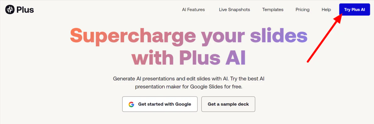 Selecting Try Plus AI on the homepage.