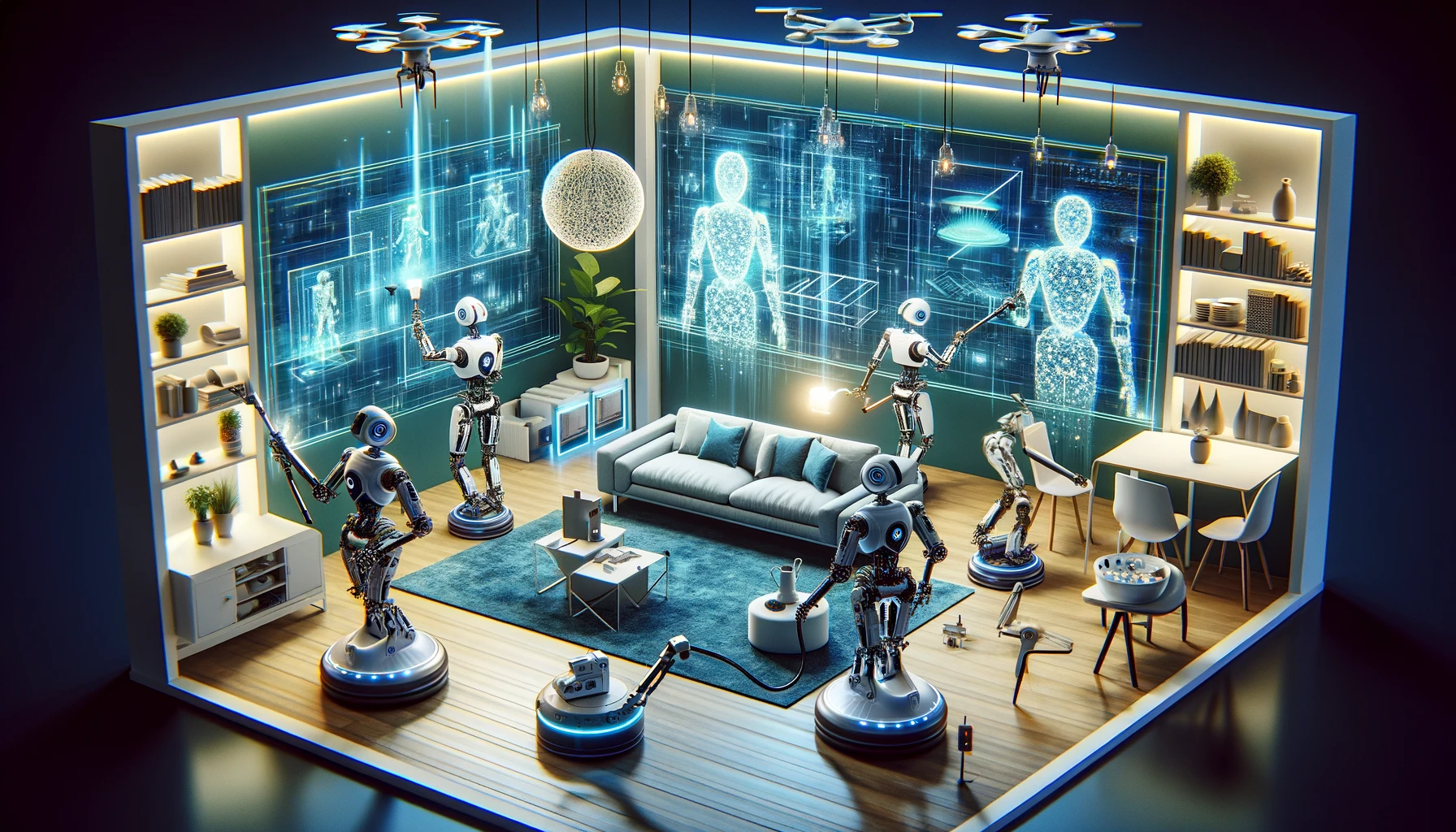 A high-tech interior renovation scene with advanced robots actively reimagining a living space