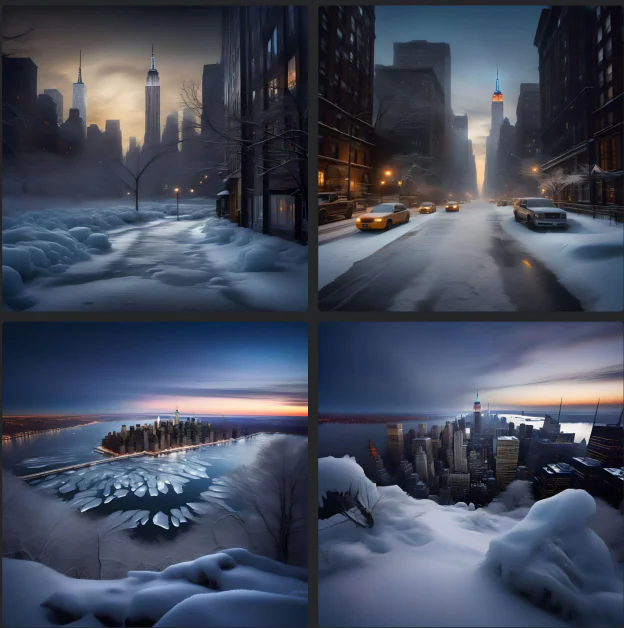 Four photos of a New York City landscape generated by the Fotor AI image generator.