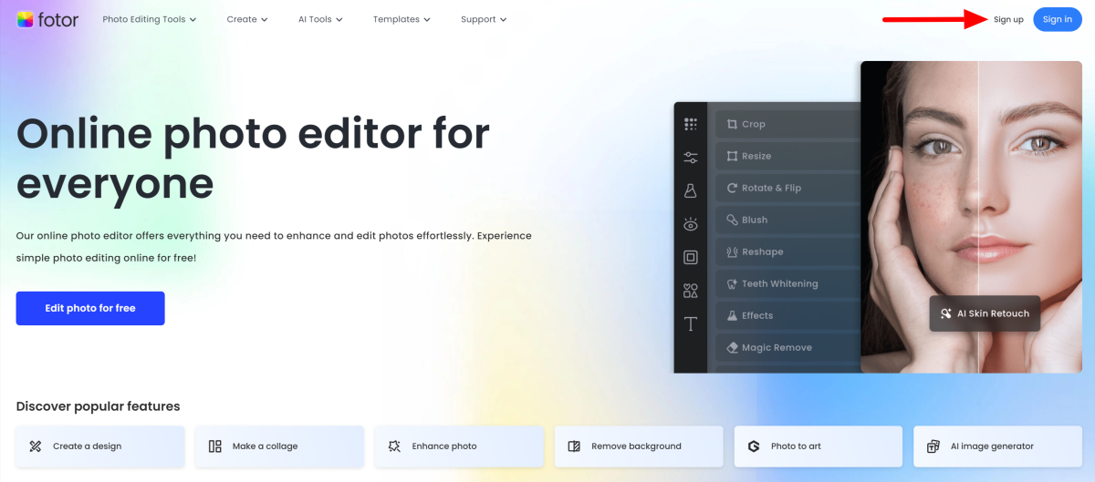 Selecting sign up on the Fotor homepage.