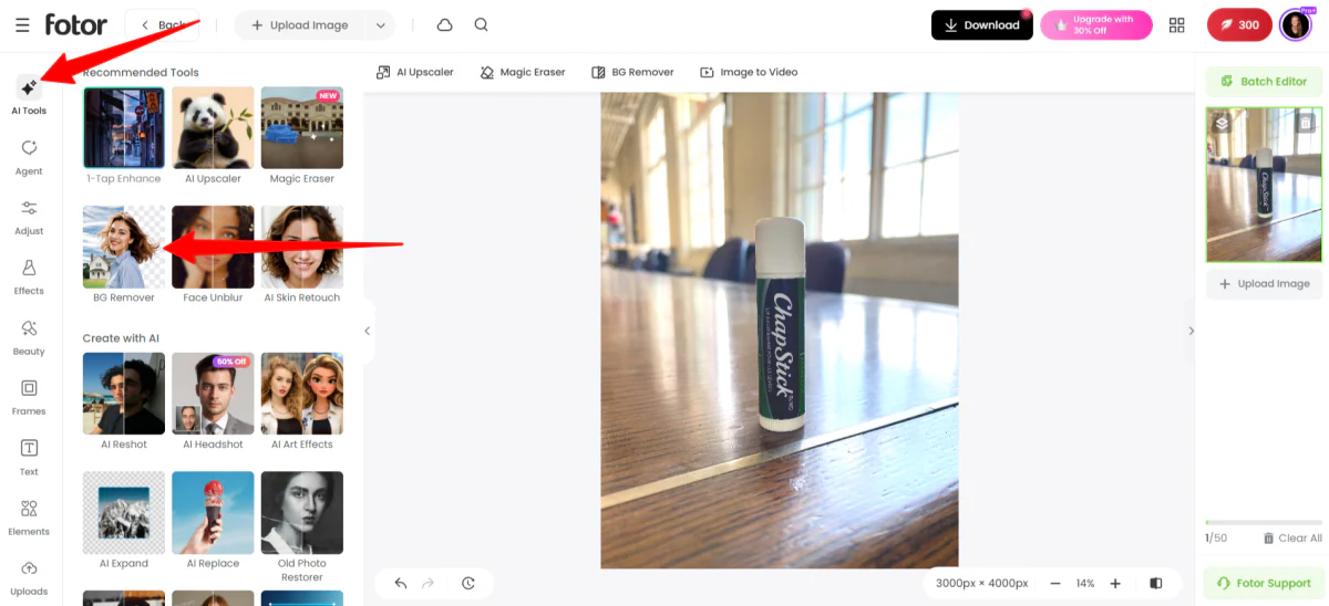 การเลือกตัวกำจัดพื้นหลังในเครื่องมือ AI ใน Fotor's AI Photo Editor.