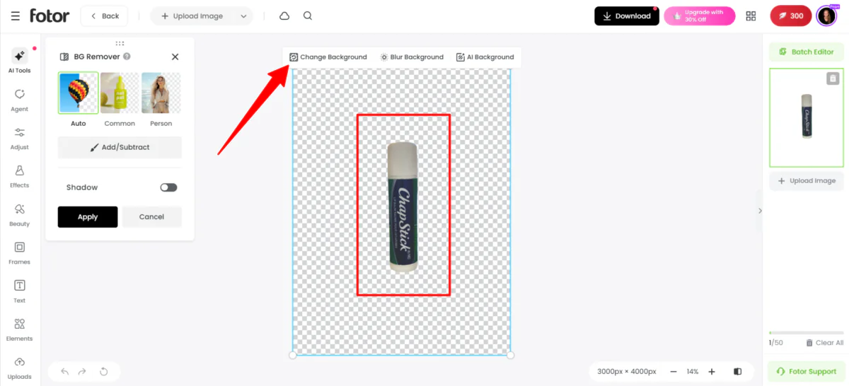 การกำจัดพื้นหลังและเปลี่ยนเป็นสีขาวใน Fotor's AI Photo Editor.