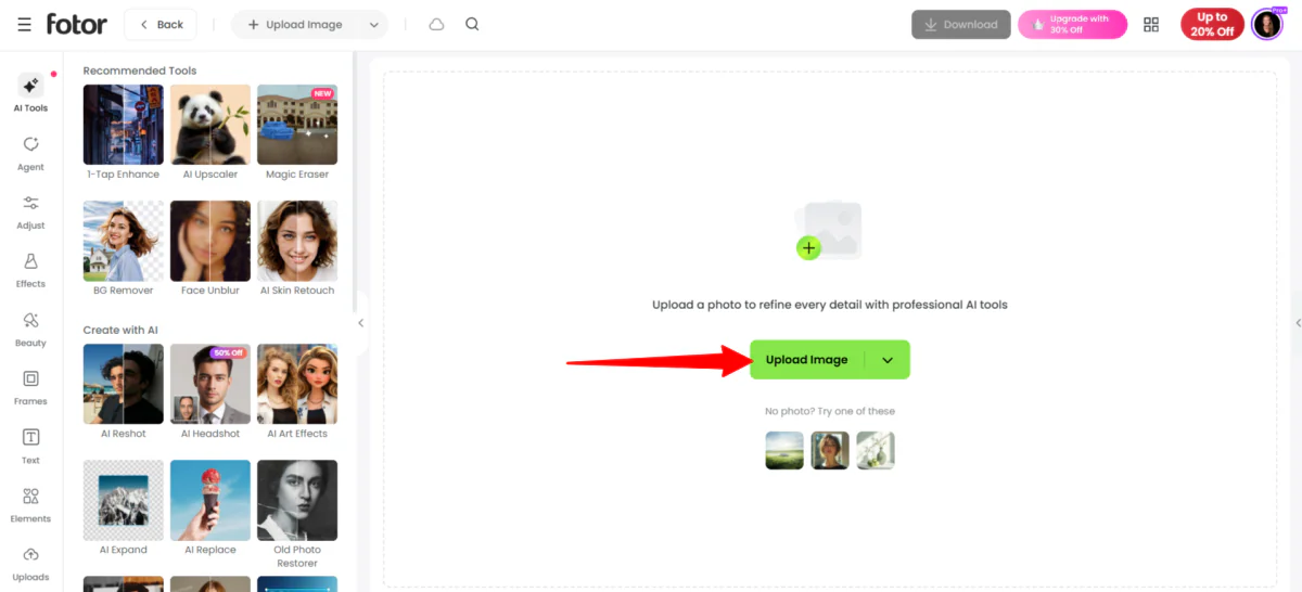 การอัปโหลดภาพในเครื่องมือแก้ไขภาพ AI ใน Fotor.