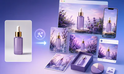 A product image of a bottle of lavender being automatically turned into multiple visual assets for a campaign.