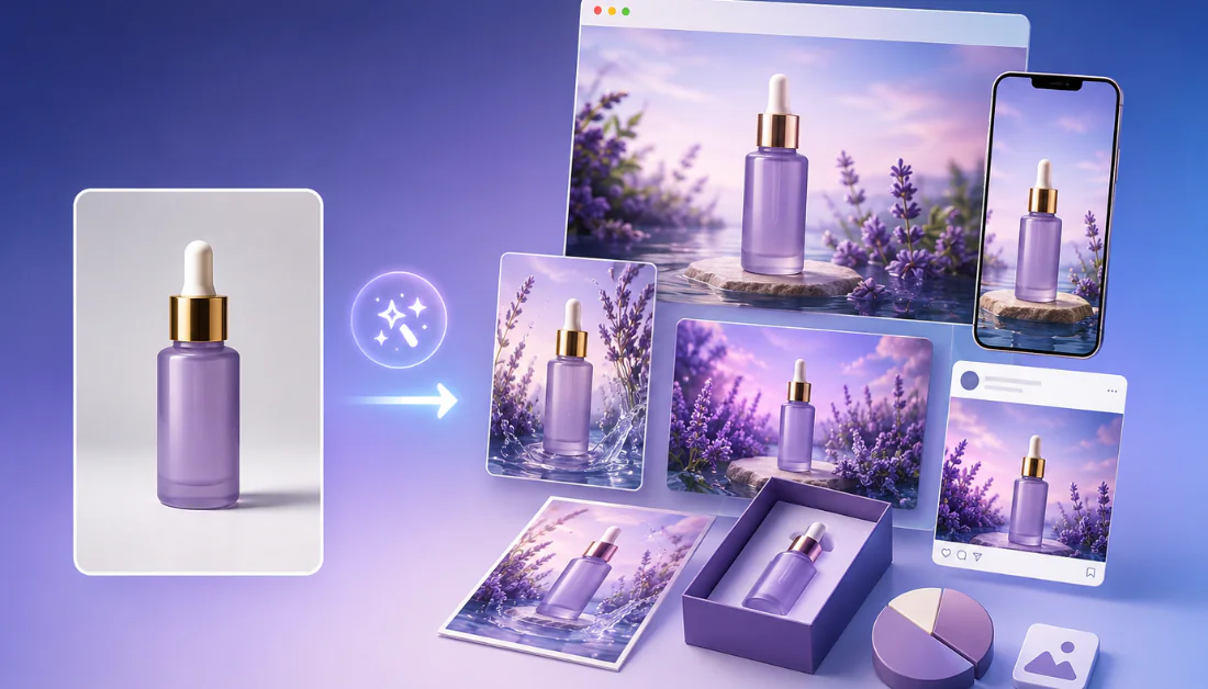 A product image of a bottle of lavender being automatically turned into multiple visual assets for a campaign.