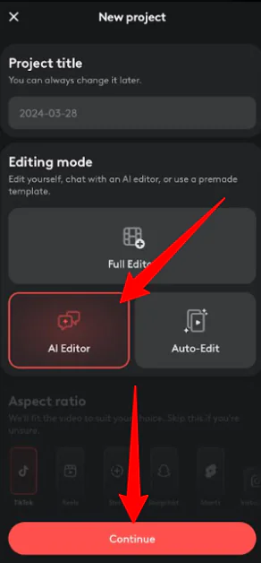 Seleccionando el editor AI de Videoleap.