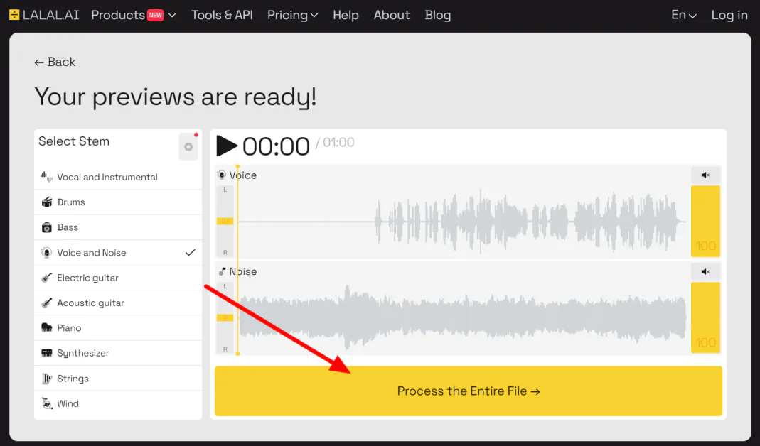 Выберите «Обработать весь файл» для обработки и загрузки файлов, разделенных с помощью Lalal.ai Stem Splitter.