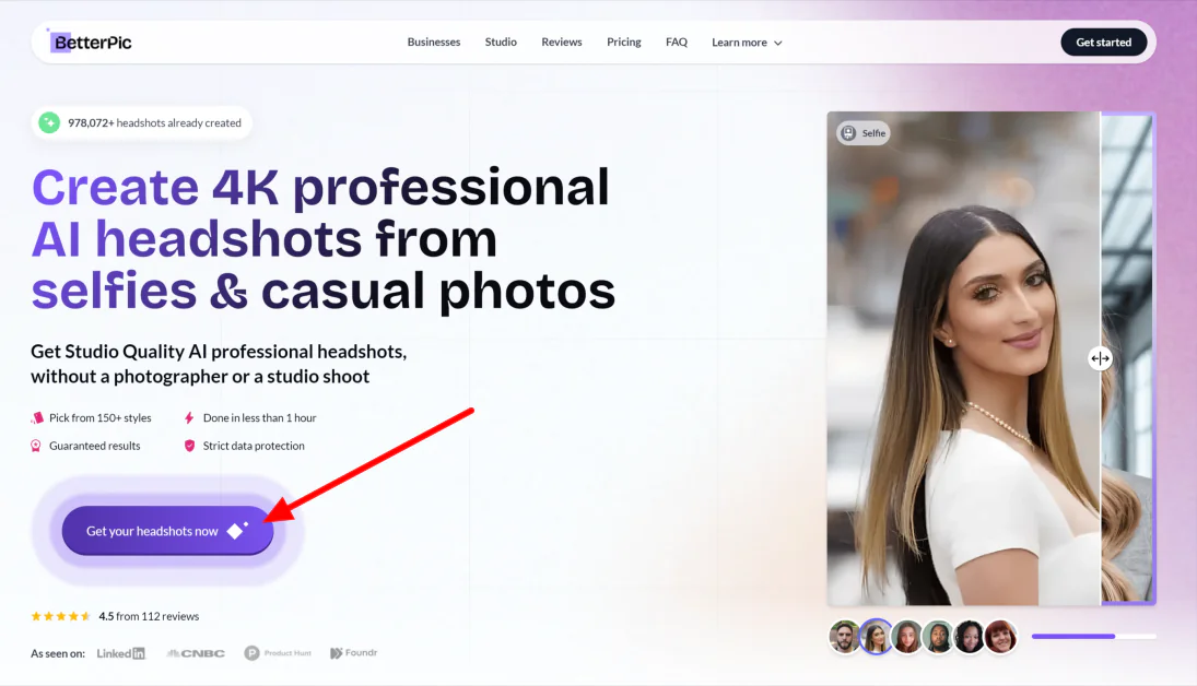 Selecting "Get your headshots now."