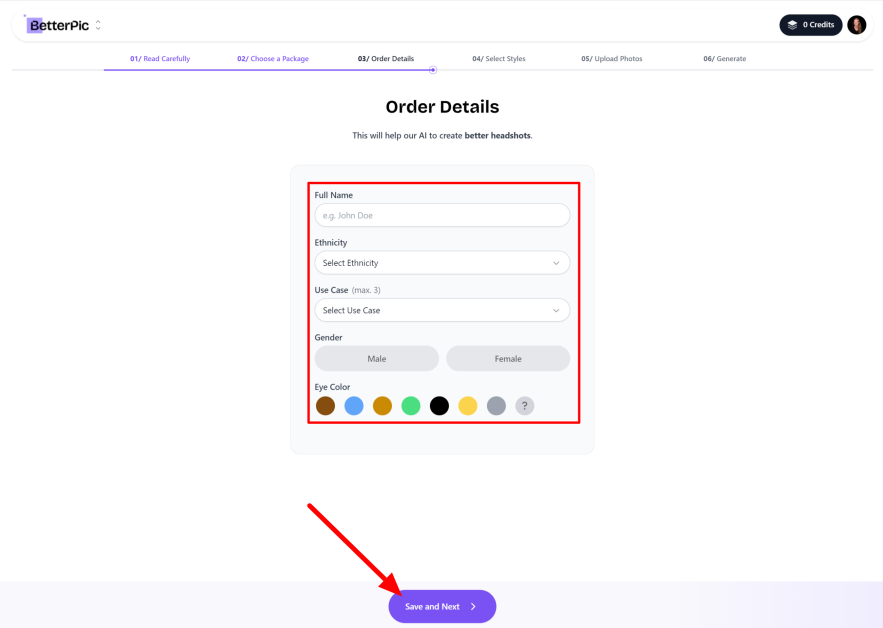Filling out Order Details and selecting Save and Next with BetterPic.