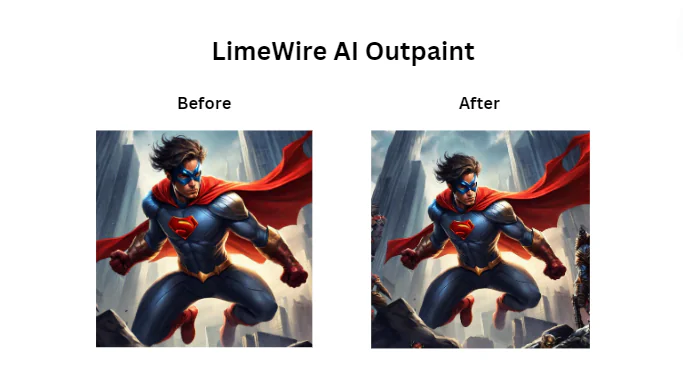 Before and after photos of superman with the background expanded using the LimeWire Image Outpainter.