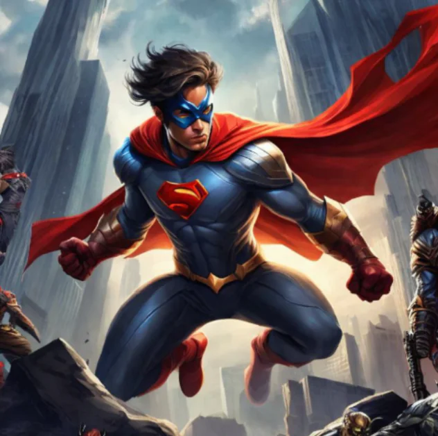 Superman fighting crime in a city.
