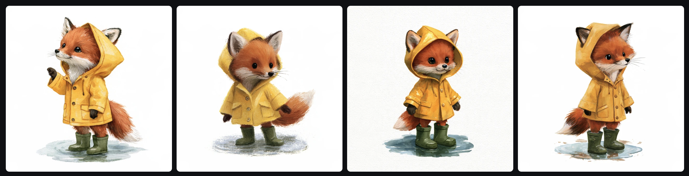 Four images generated with Midjourney of a children's book illustration of a small red fox wearing a yellow raincoat and green rain boots, standing in a puddle, soft watercolor style, white background.