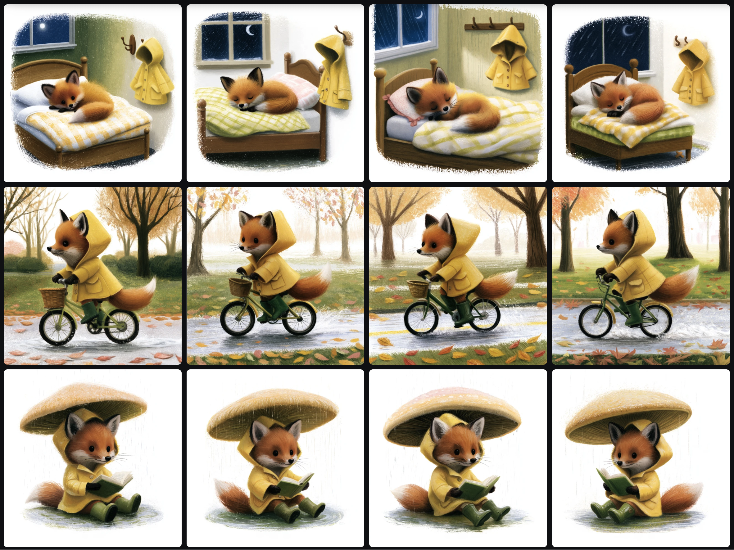 Three different scene generations of a children's book illustration of a small red fox wearing a yellow raincoat and green rain boots, standing in a puddle, soft watercolor style, white background.