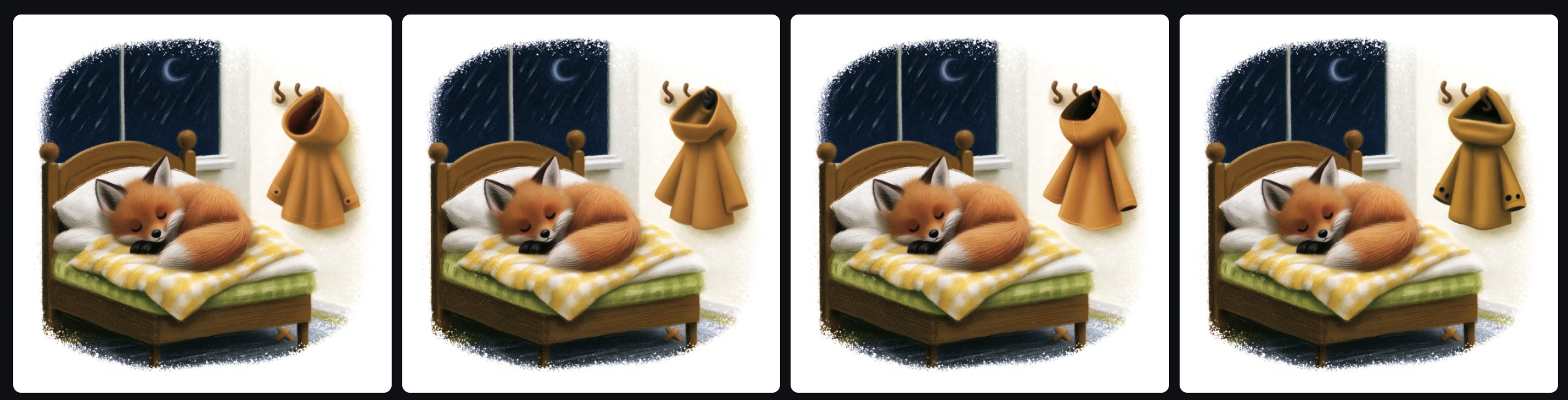 Rerunning a generation of a children's book illustration of a small red fox using the Editor on Midjourney.