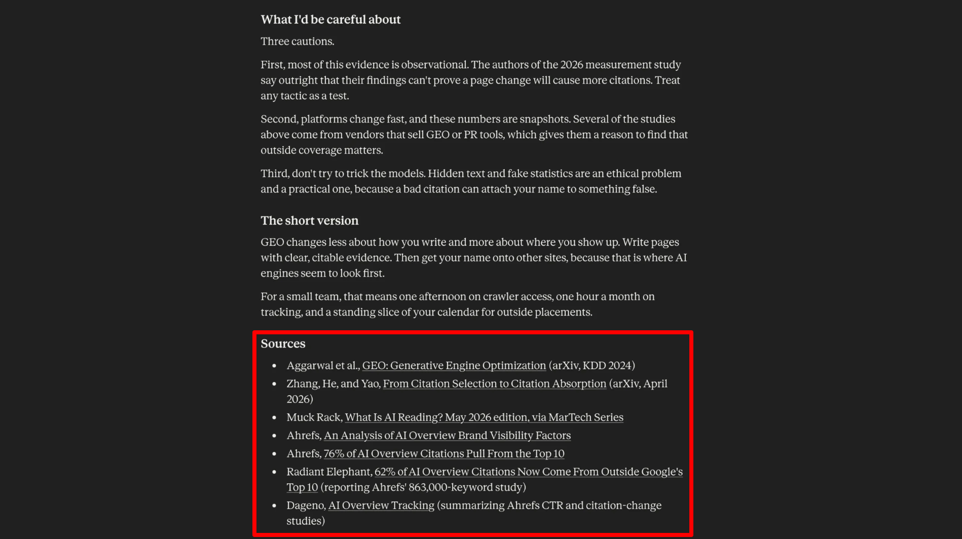 A list of sources from content generated with Claude.