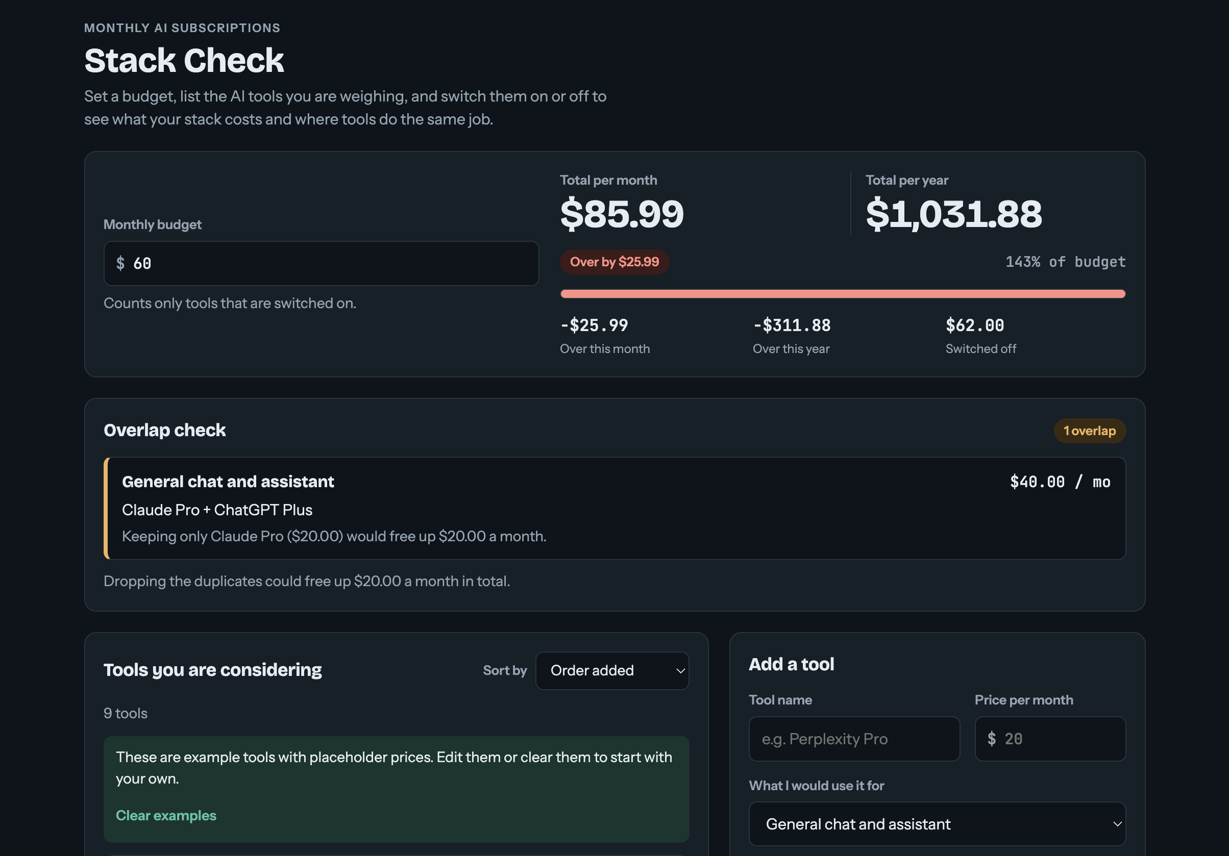 A tool to track monthly AI subscriptions generated with Claude AI.