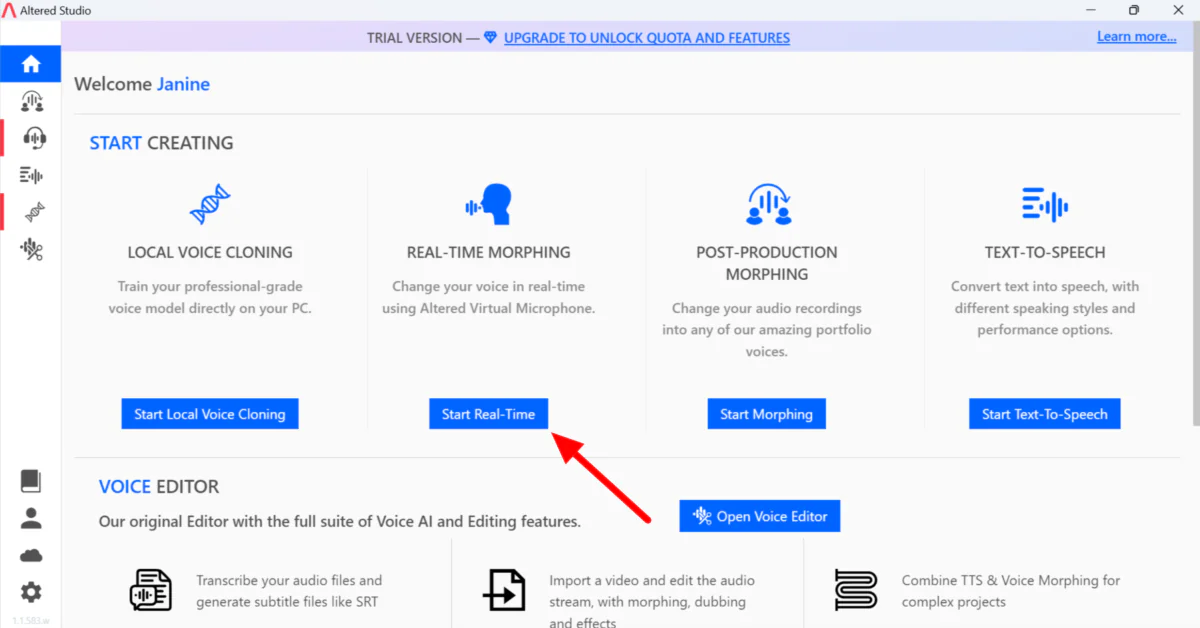 Selecting Start Real-Time under Real-Time Morphing from the desktop version of Altered AI.