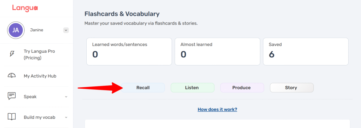 LanguaTalk のフラッシュカードで単語を思い出します。