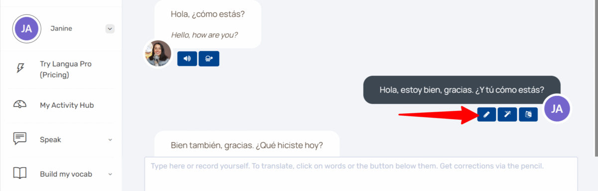 LanguaTalk で AI とチャットしているときに、鉛筆を選択して間違いを表示します。