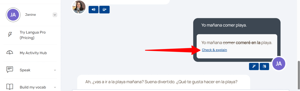 AI 会話中に LanguaTalk に間違いをチェックして説明してもらう。