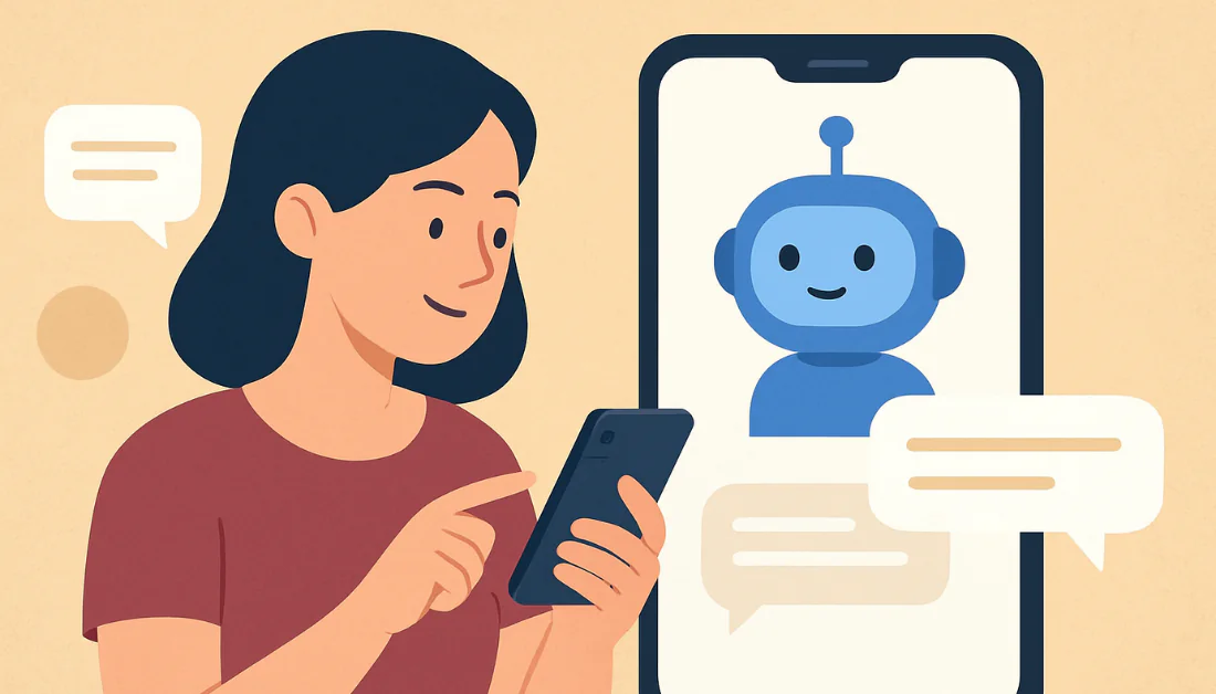 AIチャットボットとチャットする女性。