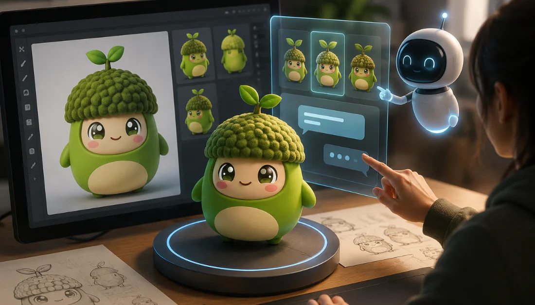 Someone working with an AI agent to generate a 3D model of a cute green Sprout Sprite.