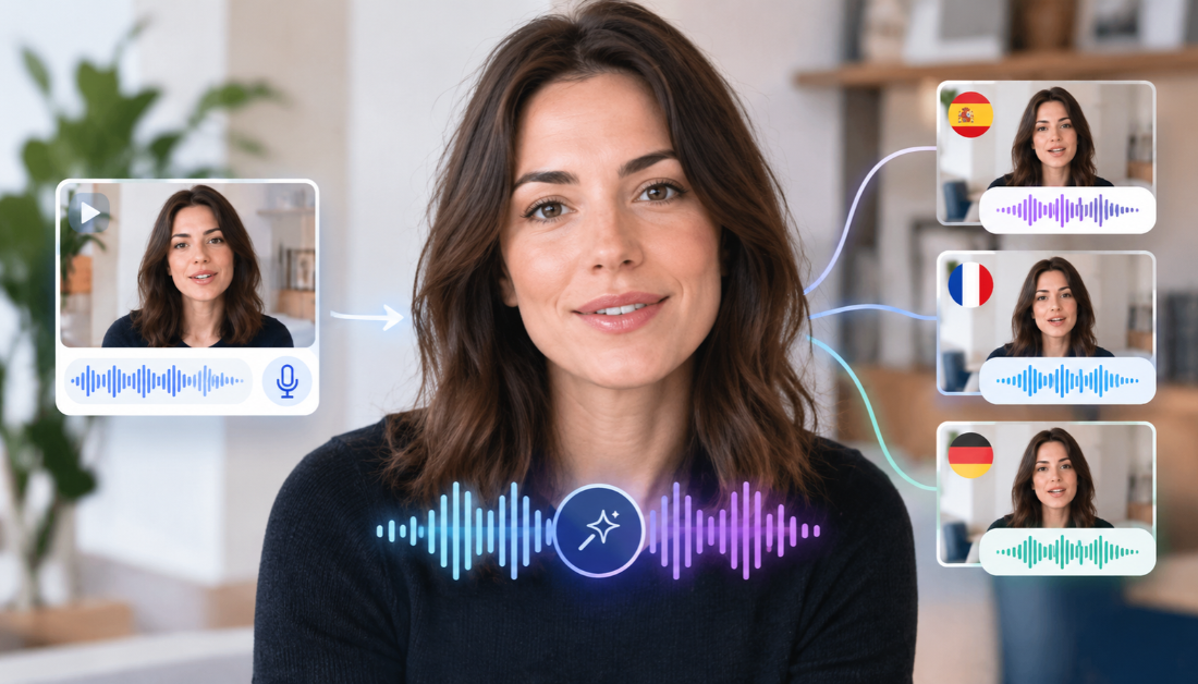 A woman who used an AI tool with AI Dubbing that actually looks and sounds like her.
