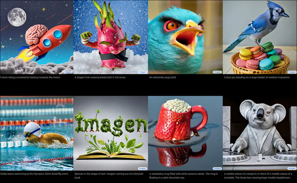 Despite vaunting Imagen's capacity to create 'photorealistic' output, the samples promoted by Google Research are typically fantastical, 'family' fare – photorealistic humans are carefully avoided, or minimal examples provided. Source: https://imagen.research.google/