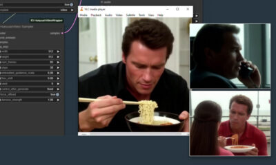 An Arnie Hunyuan Video LoRA demonstrated by Bob Doyle, on ComfyUI, on YouTube (https://www.youtube.com/watch?v=1D7B9g9rY68) – and, inset right, grabs from various sample videos for the same LoRA at Civit.ai