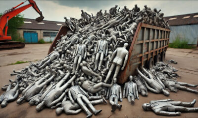 ChatGPT-4o: variation on ‘a 1792x1024 feature article reportage image of a skip full of discarded metal figurines, featuring realistic men and women of all ages and all types’