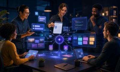 Team collaborating around an AI-assisted digital workspace