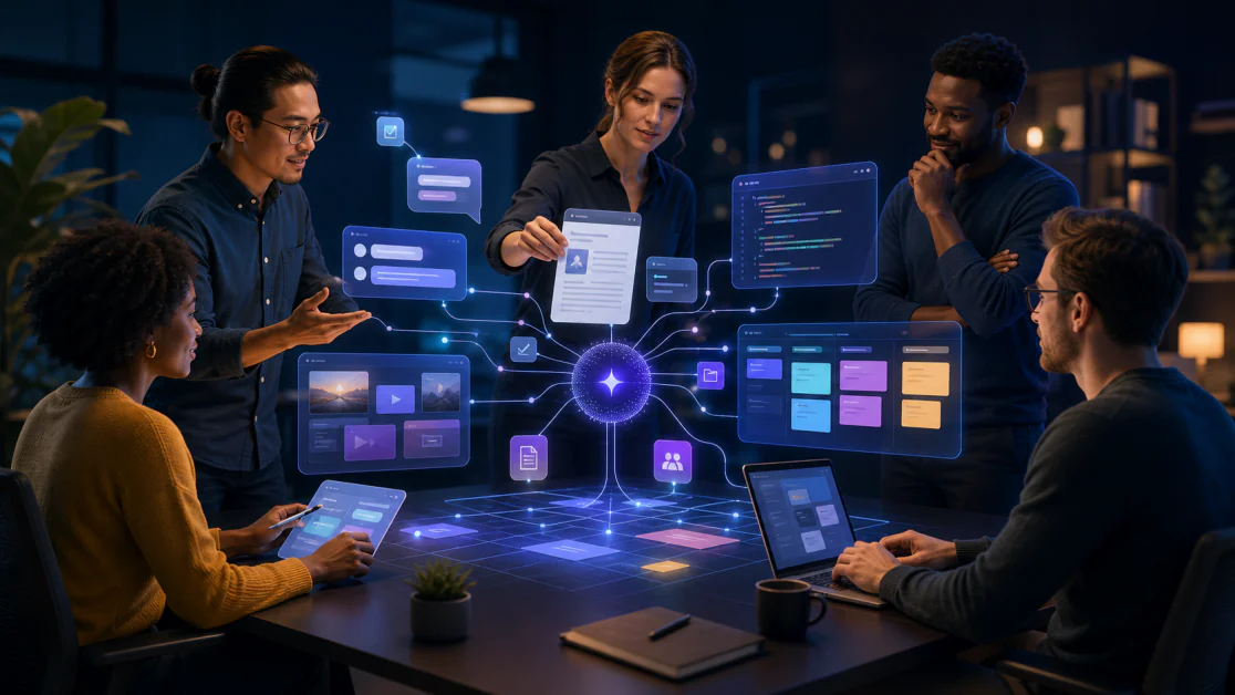 Team collaborating around an AI-assisted digital workspace