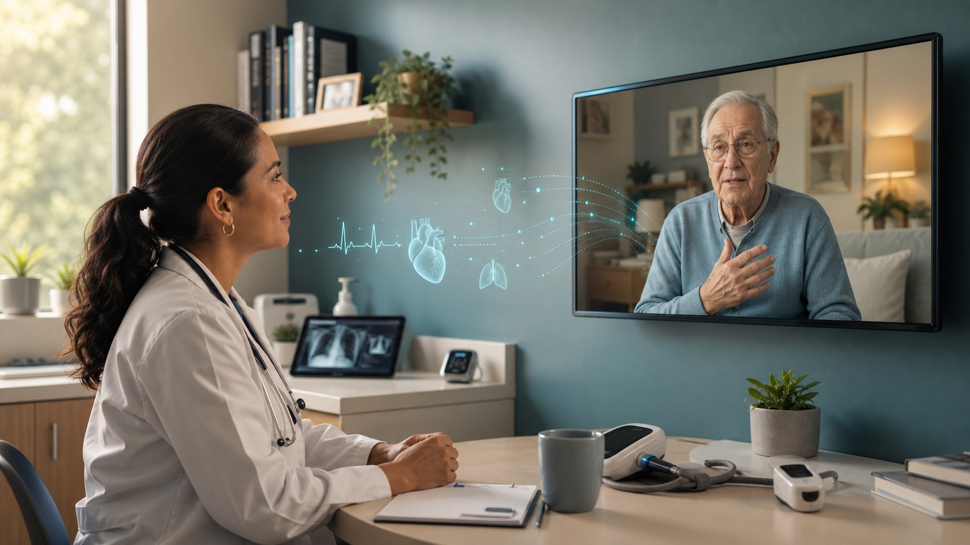 Physician providing AI-assisted telemedicine care to an older patient