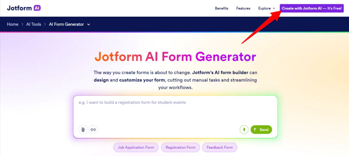 Anmeldung für den Jotform KI-Formulargenerator.