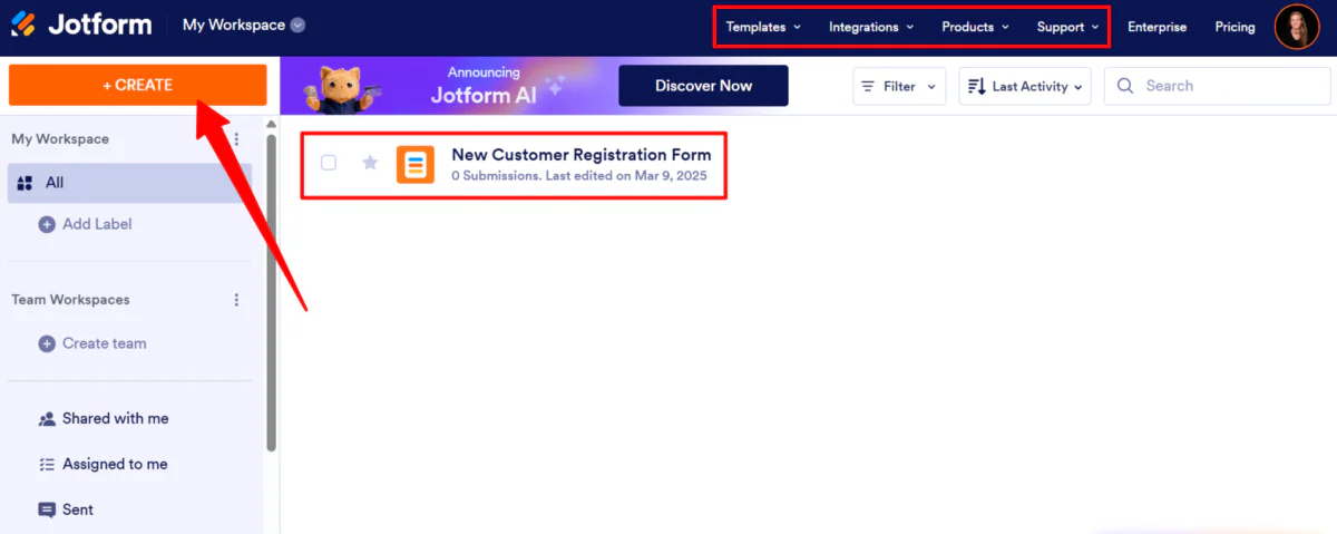 Ein neues Formular mit Jotform AI erstellen.
