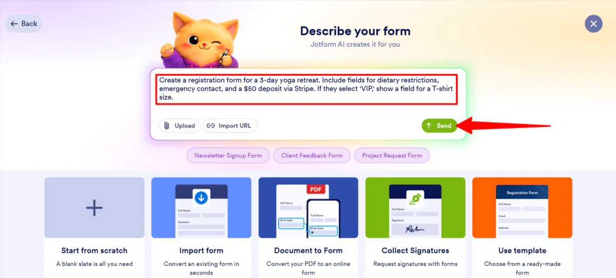 Jotform eine Aufforderung zur Formularerstellung geben.