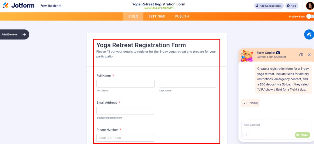 Erstellung eines Anmeldeformulars für ein Yoga-Retreat mit Jotform.