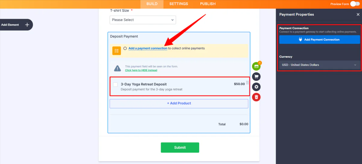 Hinzufügen einer Zahlungsanbindung zu einem mit Jotform erstellten Formular.